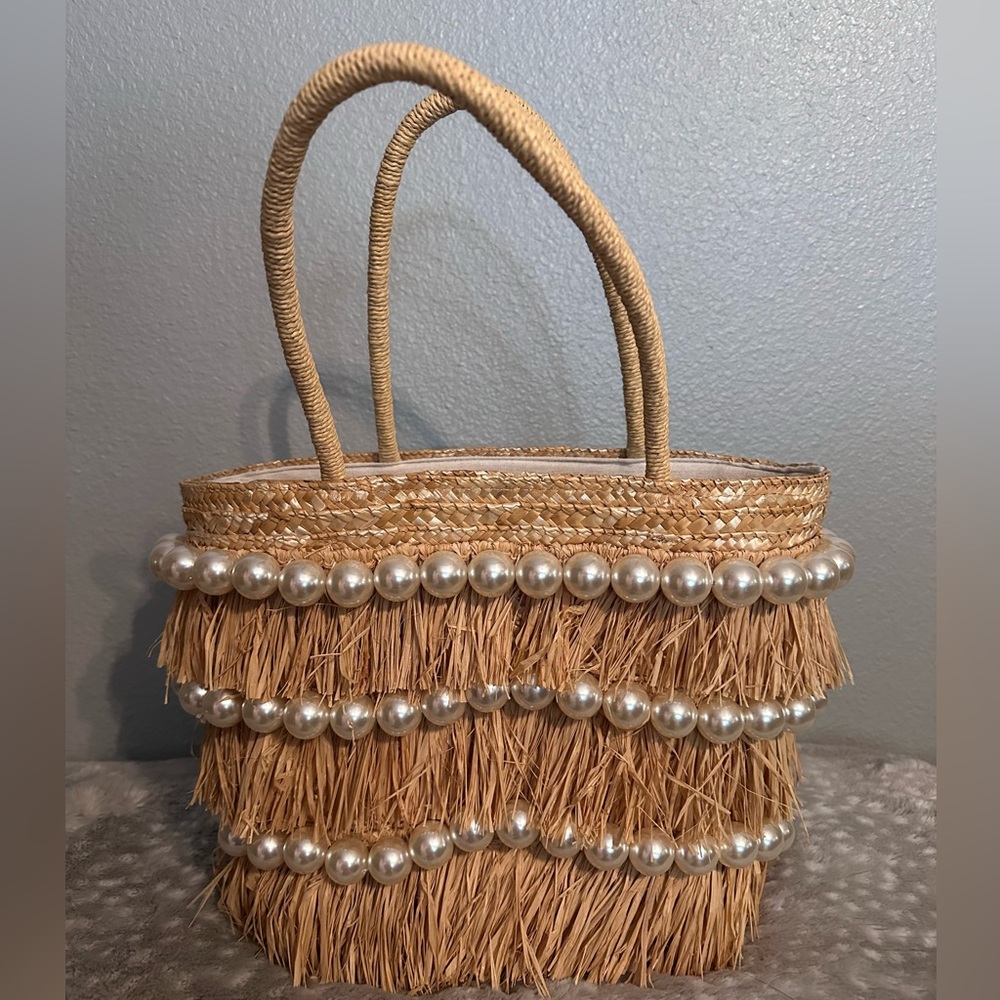 BTB Los Angeles Tan Straw Bag with Pearl Accents